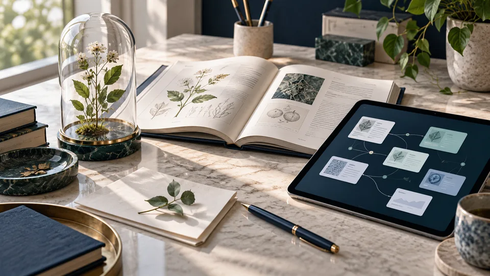 Concept illustration of a research workspace with botanical references and a digital evidence library