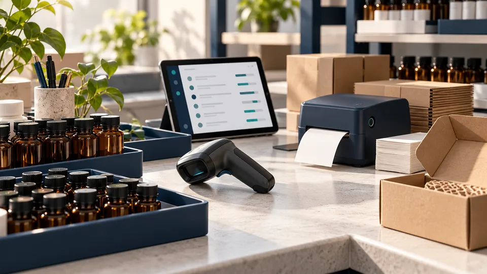 Concept illustration of a health-retail packing bench with stock and dispatch tools, not a verified product catalogue