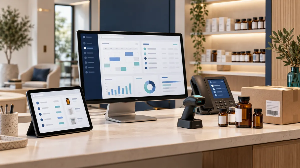 Concept illustration of a care-business reception with desktop, tablet and stock tools