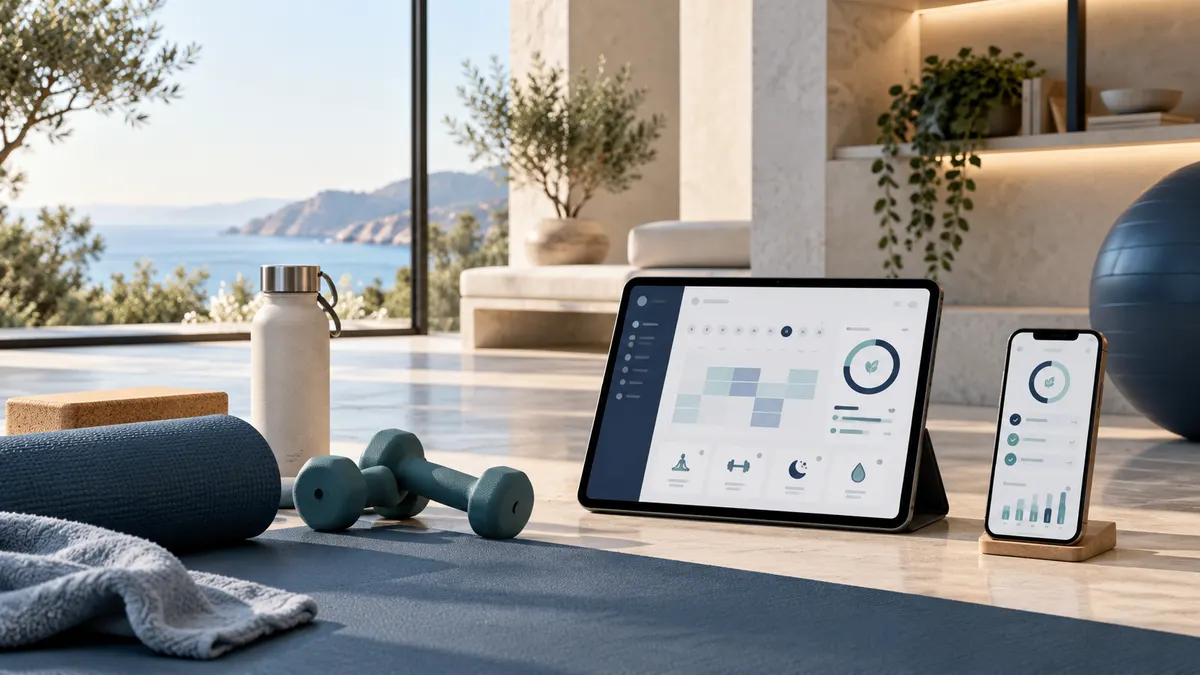 Concept illustration of a fitness and wellbeing workspace with digital planning tools