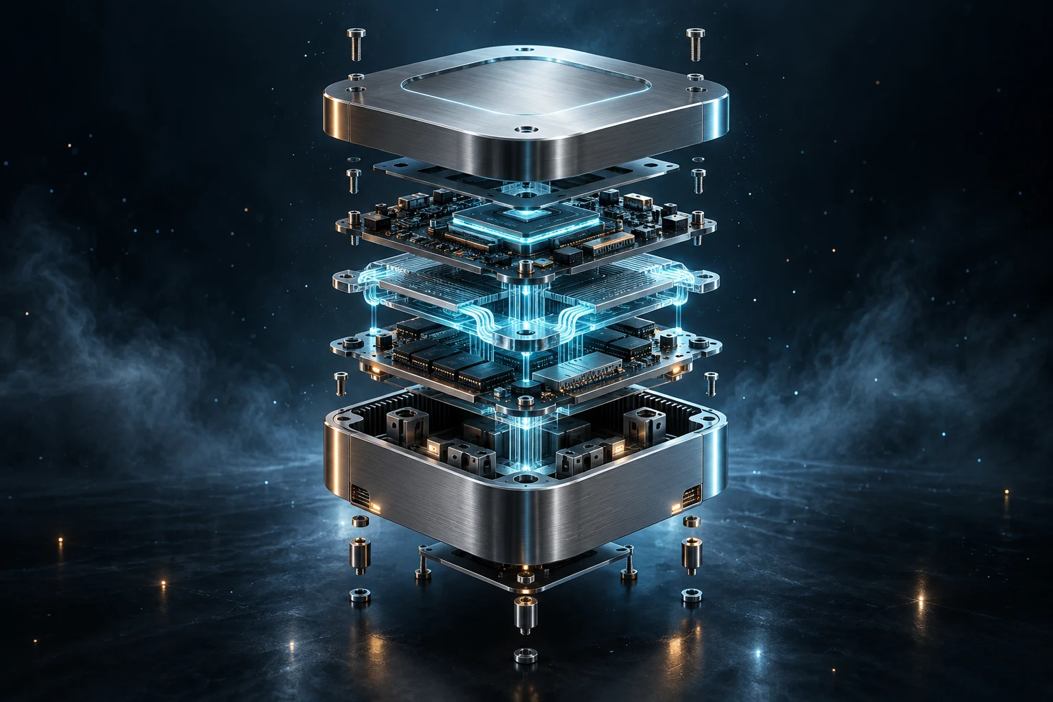 Concept artwork of an exploded titanium computing core