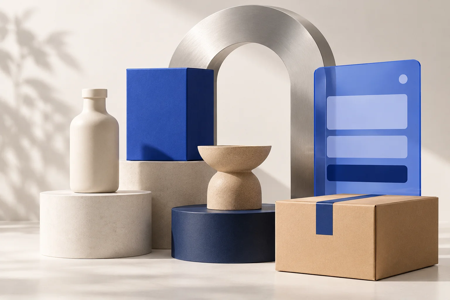Concept illustration of product displays, checkout and a shipping carton