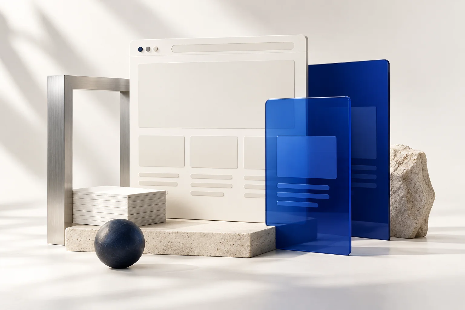 Concept illustration of website and content panels in ivory, cobalt glass and brushed aluminium