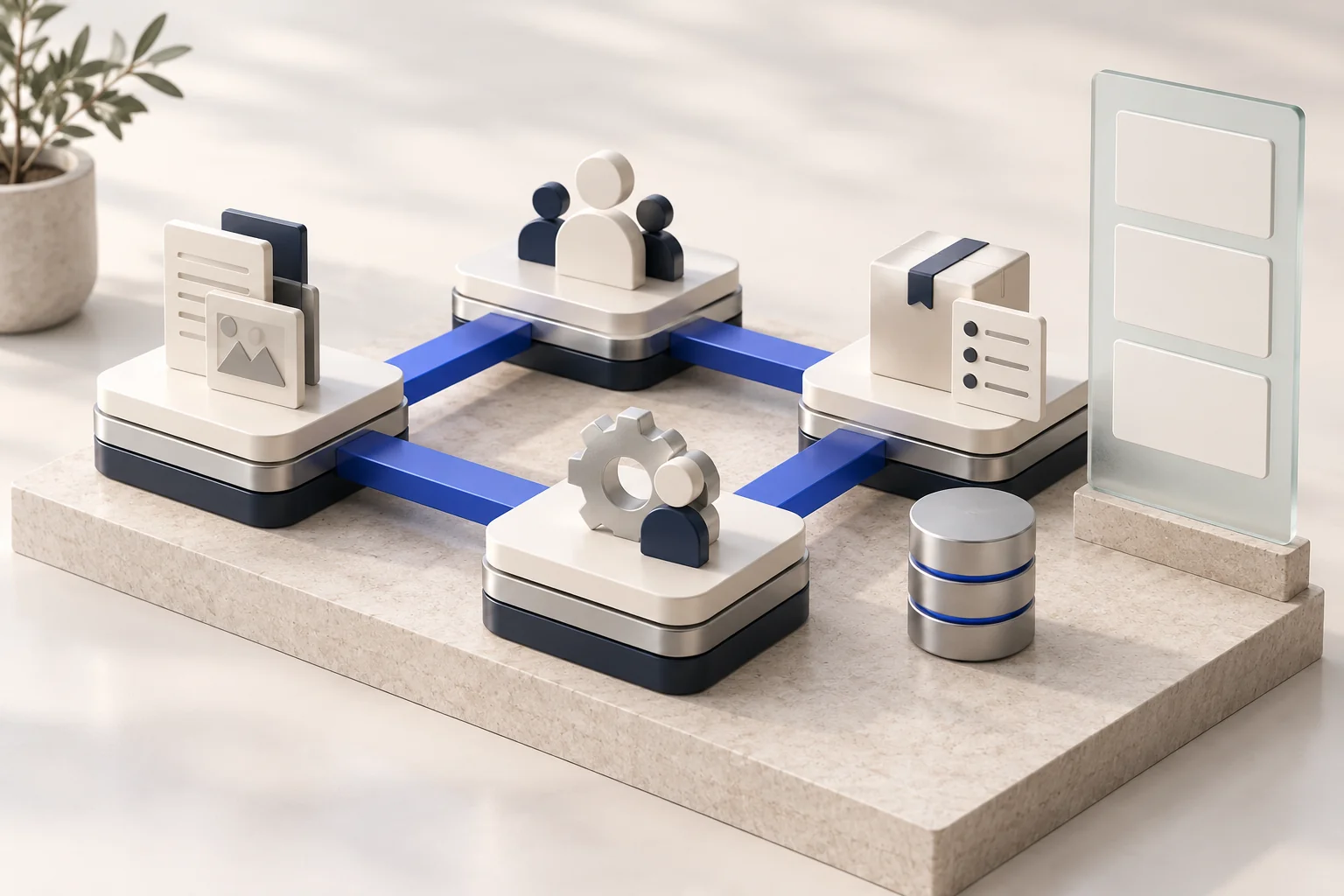 Concept illustration connecting content, customer, order and workflow modules
