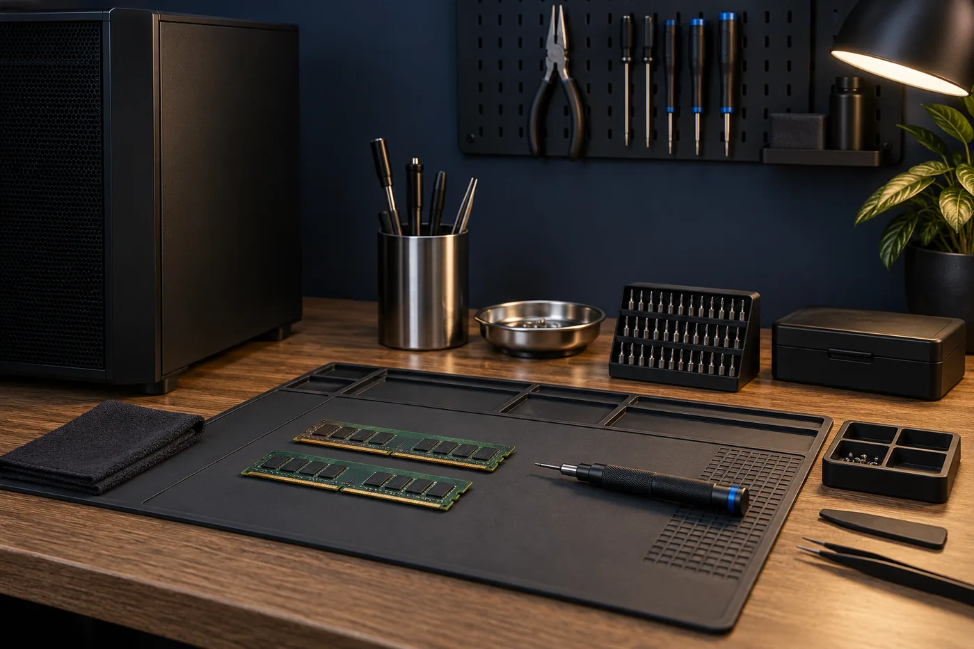 Generated illustration of a tidy PC service workbench