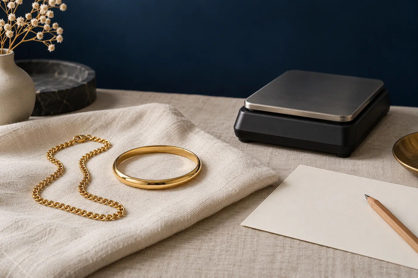 Illustrative gold jewellery beside a scale and blank cost worksheet