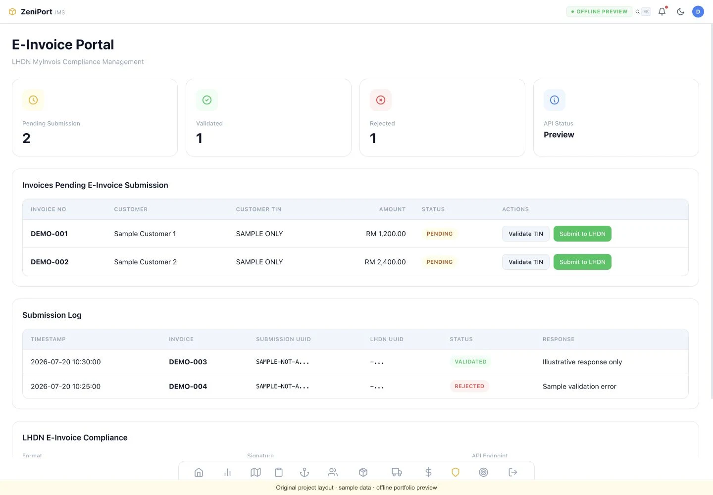 Recovered ZeniPort e-Invoice interface using sample records; offline preview
