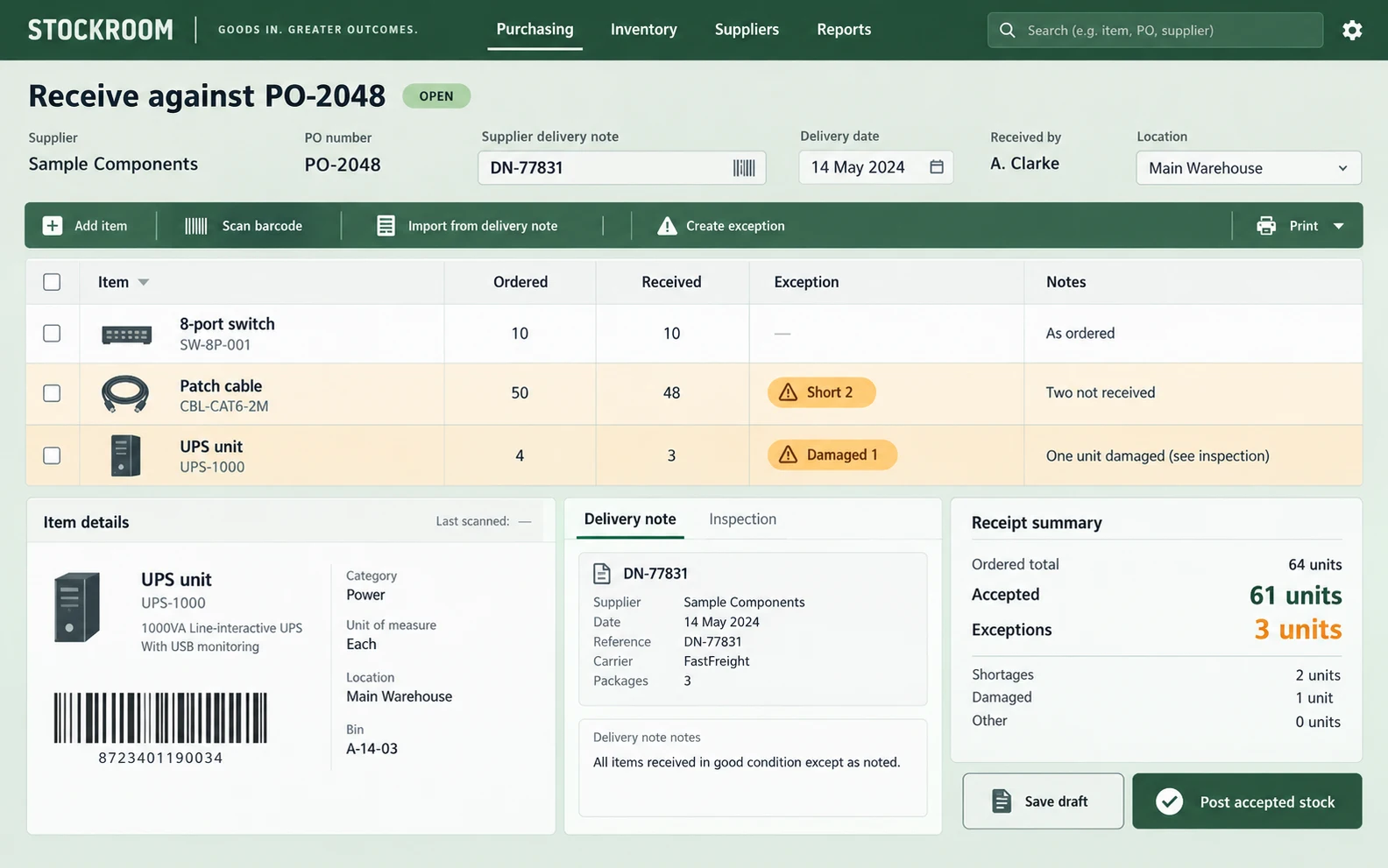 Purchase receiving & stock control — sample interface design