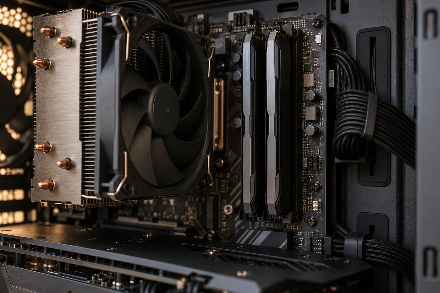Generated close-up illustration of PC cooling and memory; not an actual customer build