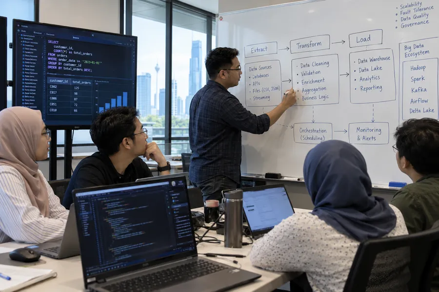 AI-generated illustrative training scene for Data Engineering, ETL & Big Data