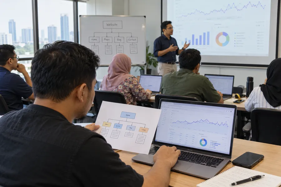 AI-generated illustrative training scene for Website Search Visibility & Webmaster Skills