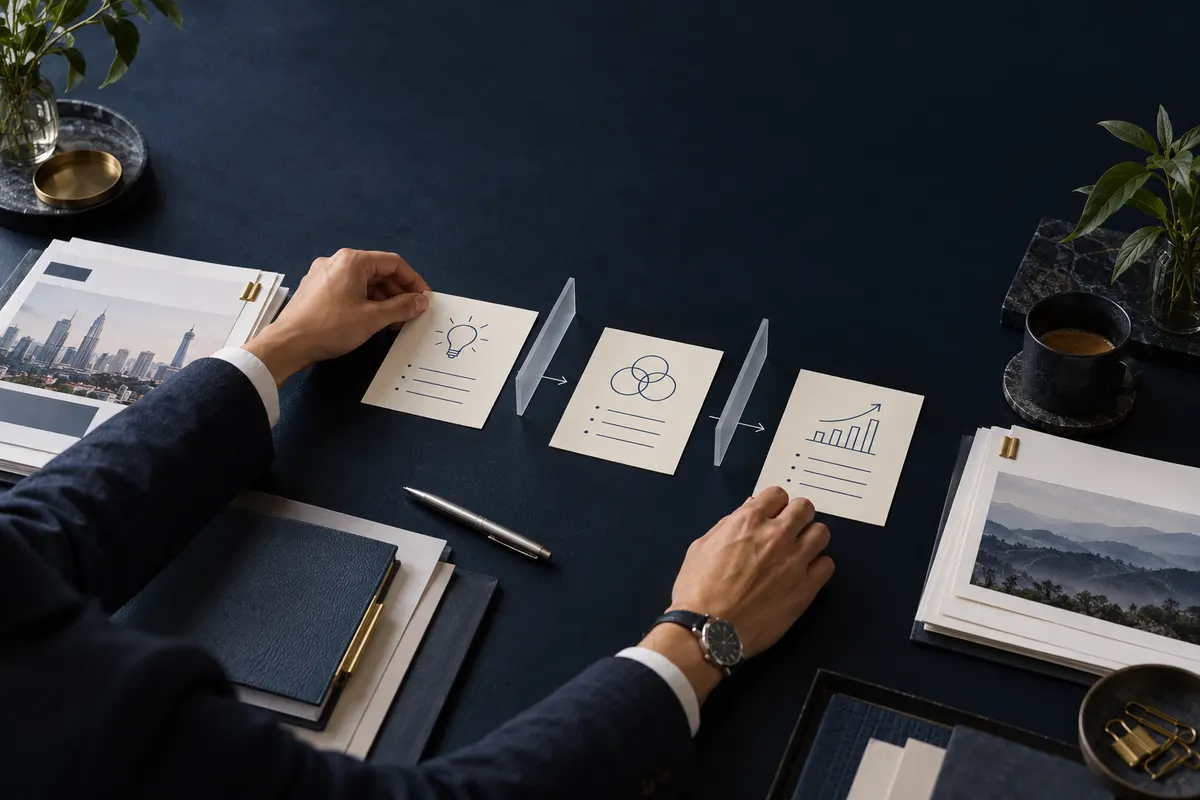 Editorial visual of hands organising business notes into a clear workflow