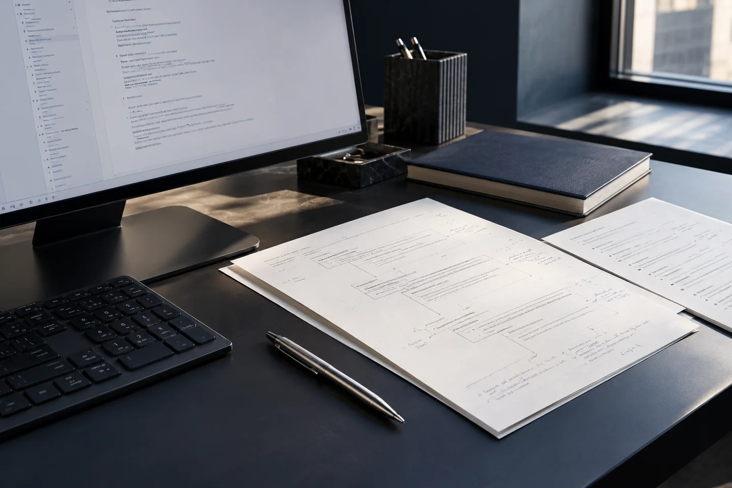 Editorial photograph of a structured digital document and annotated workflow notes